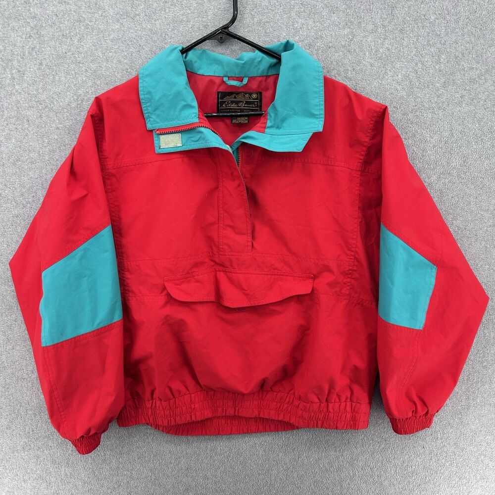 Vintage 90s Eddie Bauer 1/4 Zip Red Aqua Pullover Windbreaker Jacket Size Medium